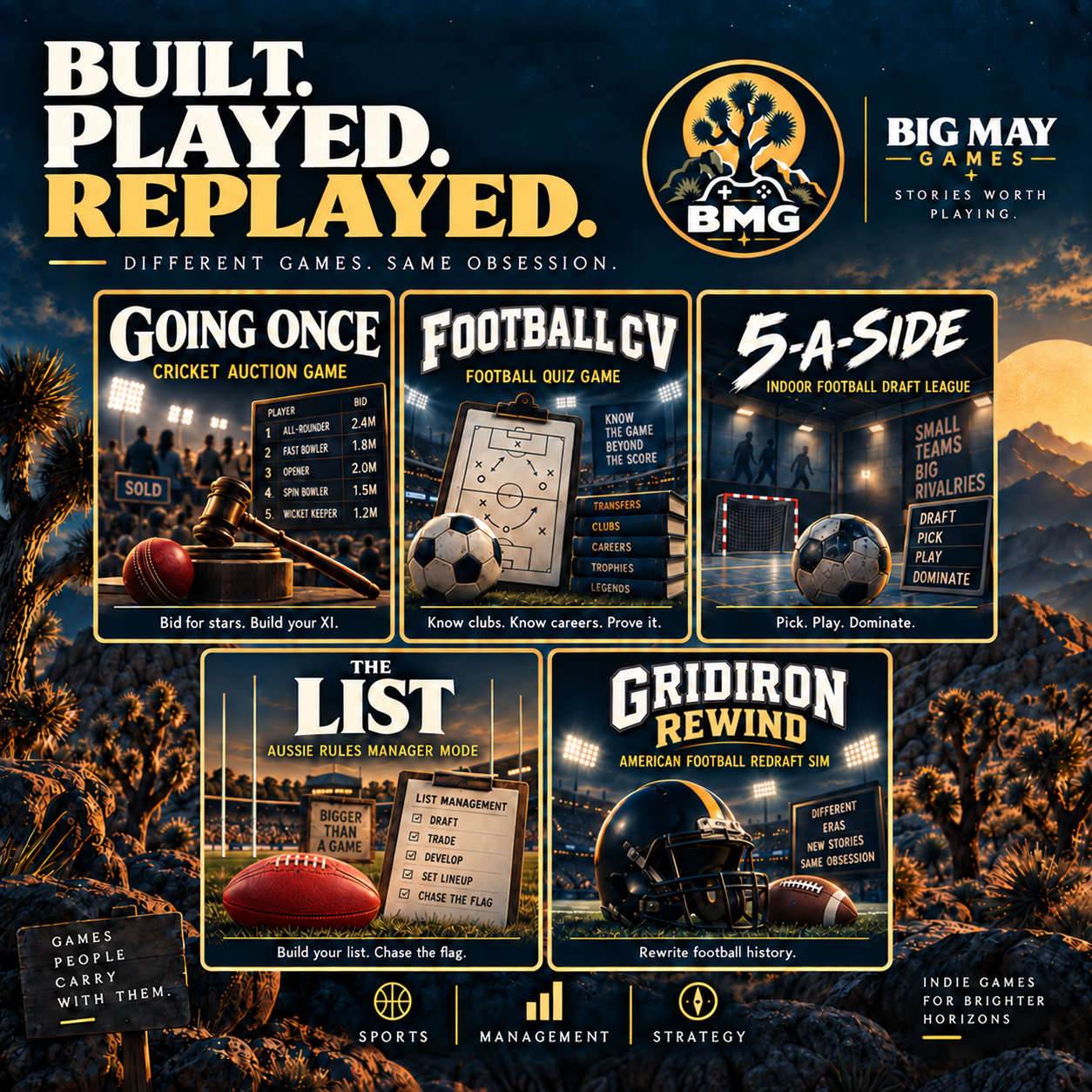 Big May Games showcase featuring Going Once, Football CV, 5-A-Side, The List and Gridiron Rewind
